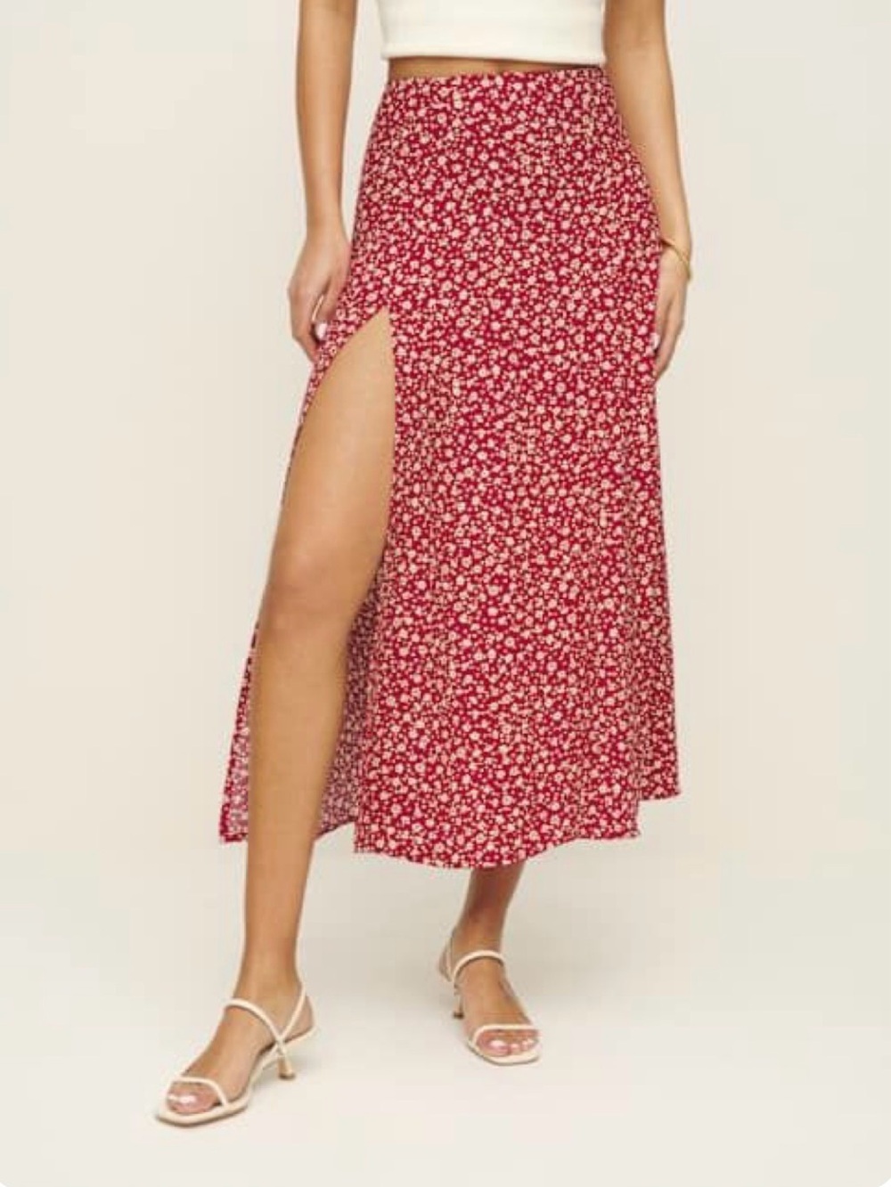 Reformation Red Floral Midi Skirt With a Side Slit - XS
